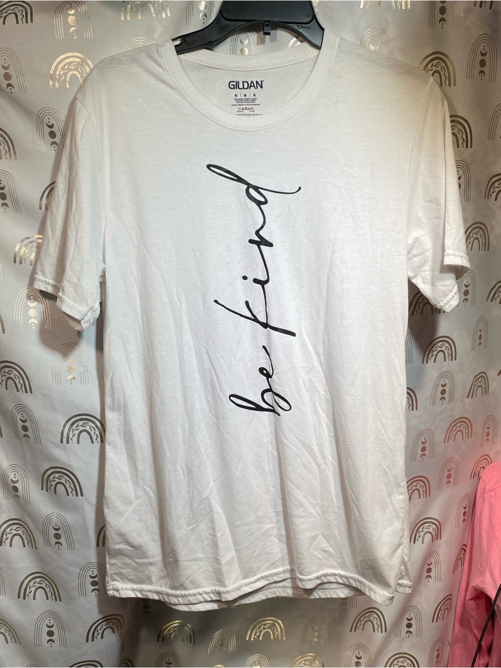 Gildan White Short Sleeve Tee with Vertical Black 'be kind' Script